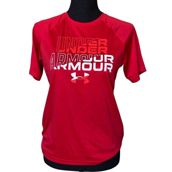 Under Armour Boys' Tech Wordmark Symbol Red Short-Sleeve T-Shirt Sz L - Picture 1 of 7
